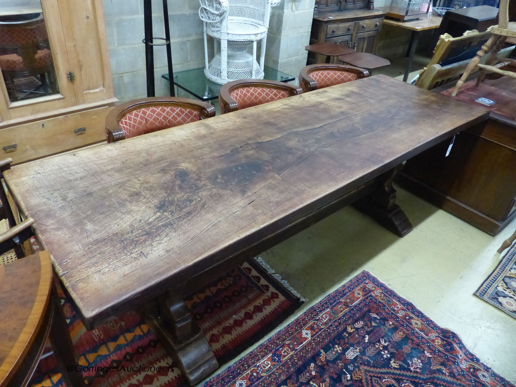 An 18th century style rectangular oak refectory dining table, length 239cm, width 77cm, height 81cm